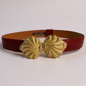 Alexis Kirk Snakeskin Leather Belt Gold Ornate‎ Buckle Red Adjustable Size